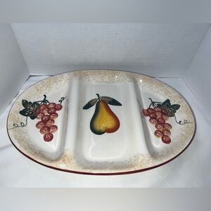 💥Pier 1 Oval 17" x 12" Fruit Pattern Pear & Grapes Ceramic Divided Serving Dish
